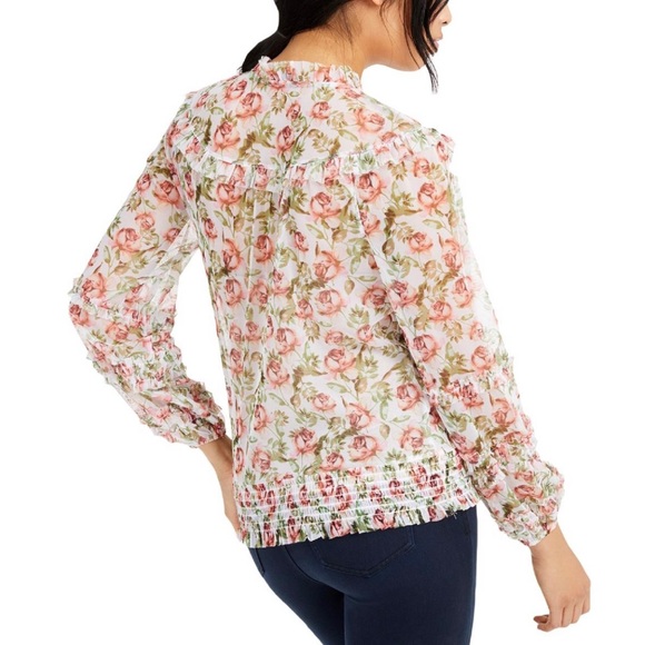 INC International Concepts Floral Smocked Hem Blouse in Margarate Flora Medium - Picture 2 of 8